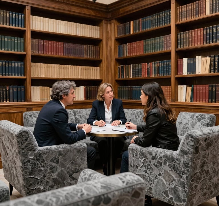 An intimate view of a private members' club library in Madrid, with elegant wood paneling and sophisticated slate grey upholstery. A refined setting for European / International High-Net-Worth individuals to engage in cultural coaching.