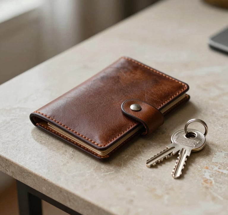 A close-up photograph of a bespoke leather-bound folder and a set of silver keys on a minimalist limestone table. Soft, natural morning light creates a sense of calm and exclusivity. Professional and understated European High-Net-Worth environment.