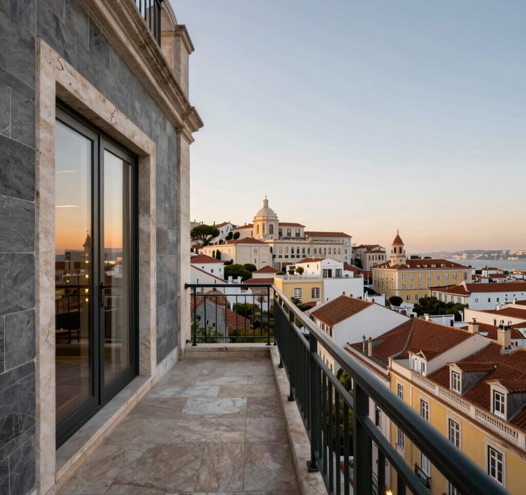 An elegant, low-angle shot of a luxury penthouse balcony overlooking the historic skyline of Lisbon at dusk. The setting features slate grey stone and soft champagne gold lighting, reflecting a European / International High-Net-Worth lifestyle of exclusivity.