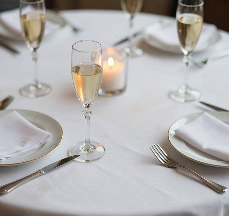 Close-up of a meticulously set table at a private social club in Madrid. Crisp white linen, fine crystal glassware reflecting champagne gold candlelight. Understated elegance, reflecting a European / International High-Net-Worth lifestyle.