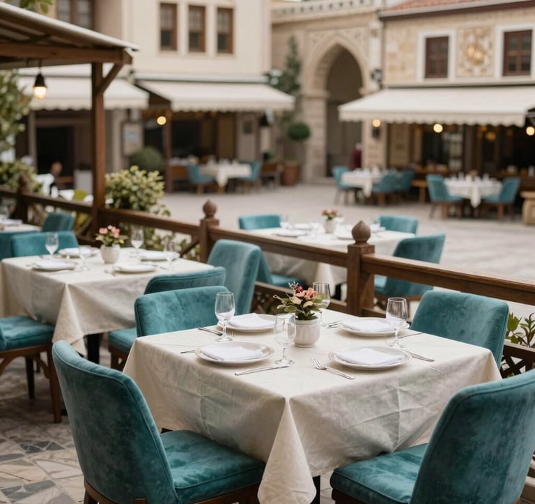 A vibrant and inviting traditional restaurant terrace in a Middle Eastern / Turkish setting, overlooking a historic square, featuring cool off-white tablecloths and muted teal decor, photography style.
