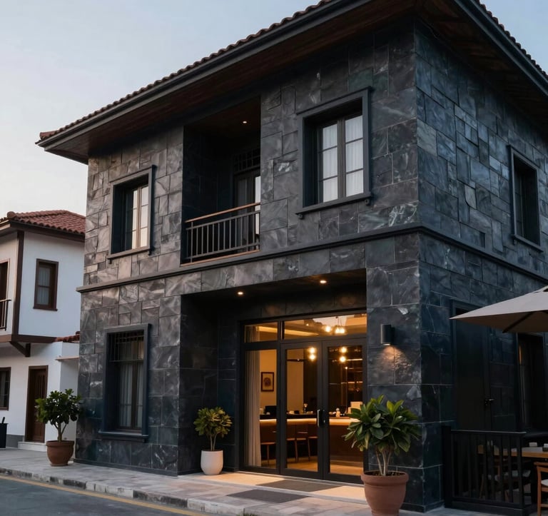 A modern boutique hotel exterior in a Middle Eastern / Turkish coastal town, featuring dark slate navy architectural details and soft lighting, professional lifestyle photography.