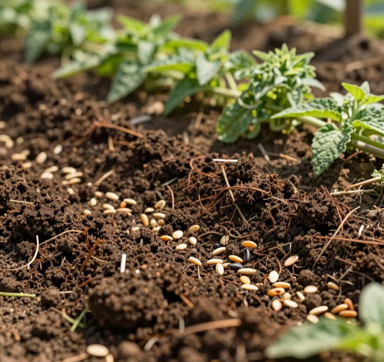 Close-up photography of traditional South Asian organic soil preparations with dark nutrient-rich earth, native seeds, and green medicinal herbs in a sun-dappled farm setting.