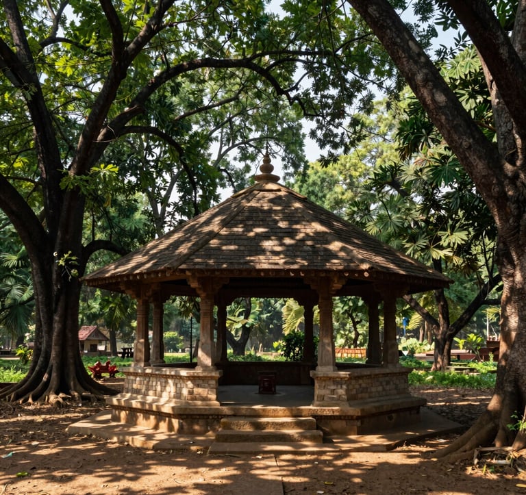 A serene South Asian / Indian landscape showing a traditional open-air pavilion built with natural stone and wood, nestled within a dense grove of sacred neem and peepal trees, dappled sunlight on the floor.