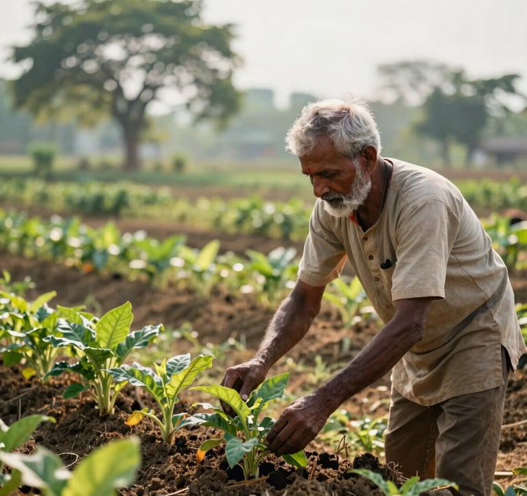 A South Asian farmer gently tending to a multi-layered agroforestry plot in India, sun filtering through leaves, displaying the elegant harmony of nature and human care.