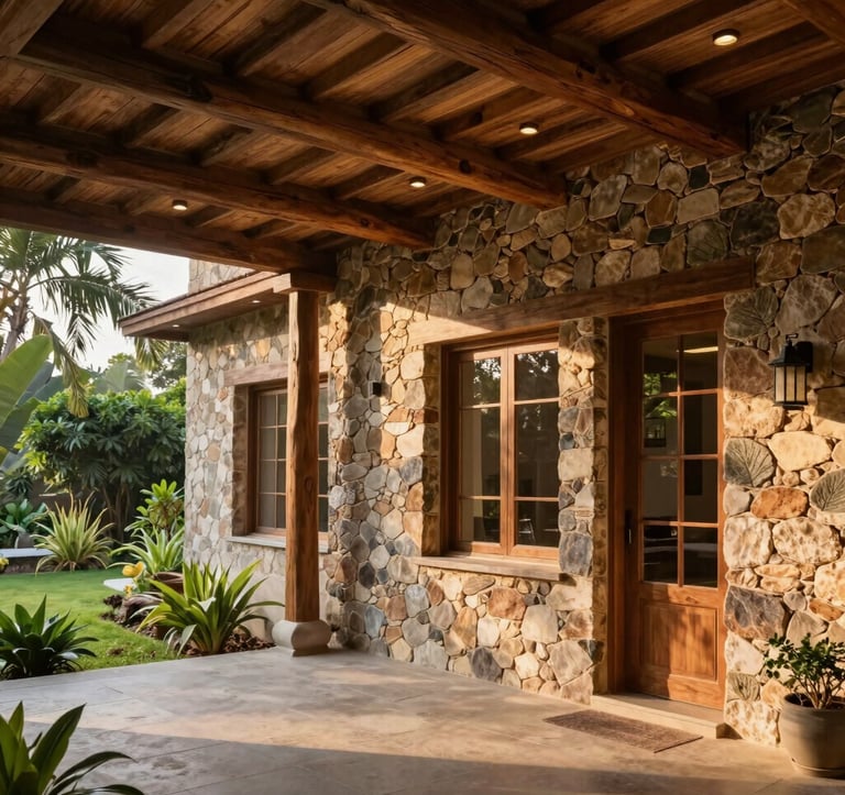 Architectural photography of an elegant, earthy South Asian / Indian retreat villa. Features include natural stone walls, sustainable wood beams, and large windows overlooking a lush garden. The lighting is warm and inviting.