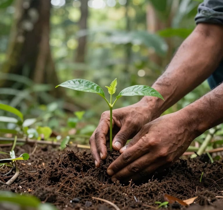 A close-up of a South Asian person’s hands carefully planting a sapling in rich, dark soil, surrounded by the vibrant greenery of a tropical forest, soft morning light, focusing on the connection between human and earth.