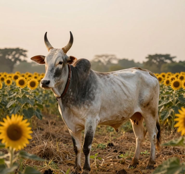 A portrait of a healthy Gir cow standing in a blooming agroforestry field, with sunflowers and diverse crops in the background, South Asian / Indian farm setting, warm golden hour lighting, cinematic photography.