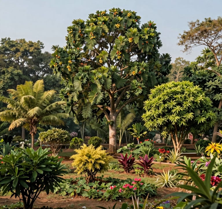 A flourishing Indian food forest showcasing a diverse range of fruit trees, native shrubs, and flowering plants under a clear sky, illustrating regenerative abundance and biodiversity.