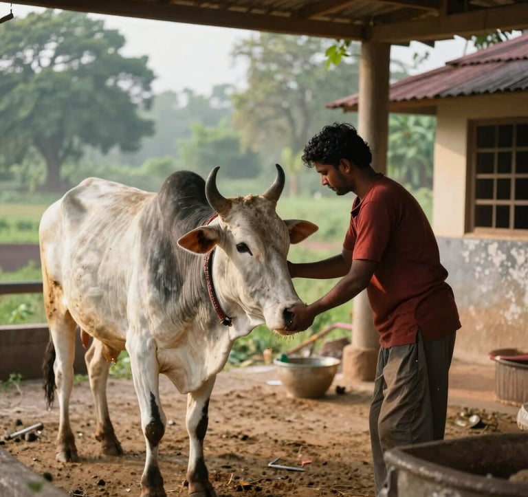 A tranquil South Asian / Indian setting where a person is engaged in Gau Seva, gently interacting with a beautiful, healthy cow in a clean, traditional open-air shelter surrounded by greenery and soft morning light.