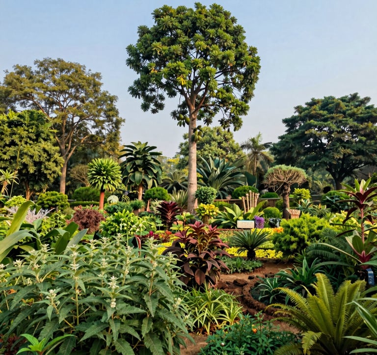 A wide photography shot of a thriving multi-layered food forest in India. Tall fruit-bearing trees rise above medicinal shrubs and ground cover. The lighting is bright and clear, showcasing the vibrant health of a regenerative ecosystem under the midday sun.