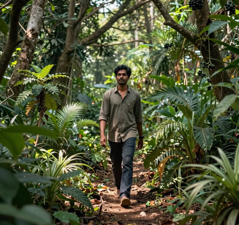 A South Asian / Indian person walking mindfully through a lush regenerative food forest. The composition is a medium shot showing layers of diverse plants, fruit trees, and sun-dappled soil. The style is elegant and natural, emphasizing a deep connection to the Earth.