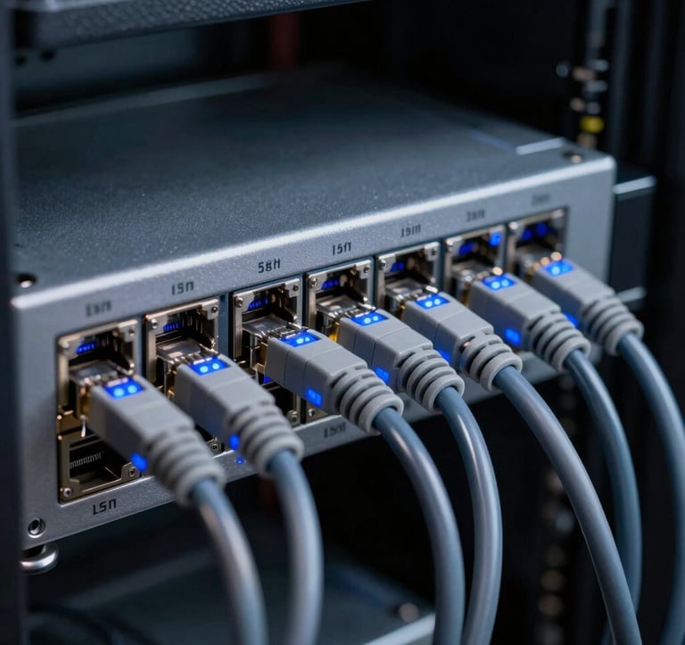 Macro photography of a professional networking switch in a dark server room, Ethernet cables with blue blinking lights, high-tech atmosphere, metallic gray textures, depth of field.