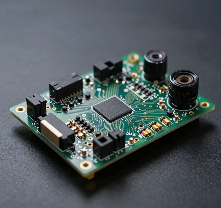 Close-up shot of professional networking hardware components, clean circuit boards and gold connectors, set against a dark gray background with cool blue professional studio lighting.