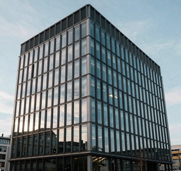 Photography of a modern glass building in a business district in France, reflecting a clear sky. Architecture is minimalist and geometric, representing professional reliability and strength.