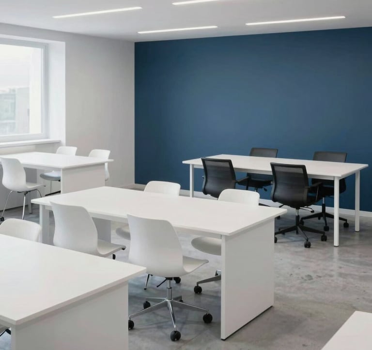 A high-angle photograph of a modern French co-working space, minimalist white furniture, professional environment, soft gray and deep blue color scheme, very bright and clean.