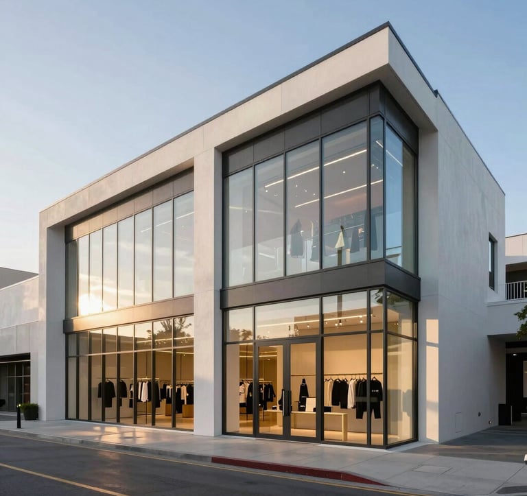 A wide-angle architectural photograph of a contemporary retail space in West Hollywood. The building features clean lines and floor-to-ceiling glass, reflecting the light blue of the sky and soft gold sunlight. North American / West Hollywood.