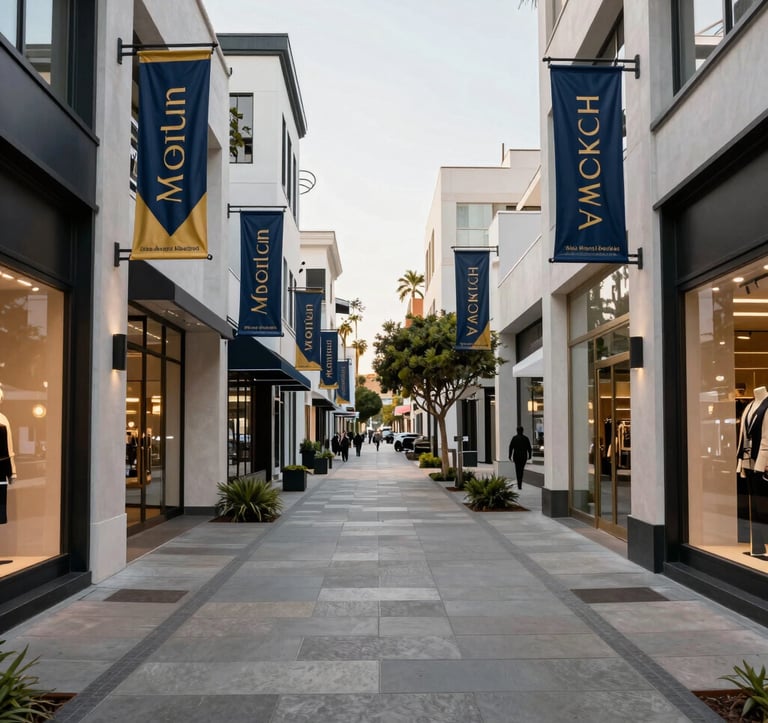 Ground level shot of a modern streetscape in West Hollywood, showing upscale retail shopfronts and manicured sidewalks with gold and navy blue branding elements on banners, North American / West Hollywood.