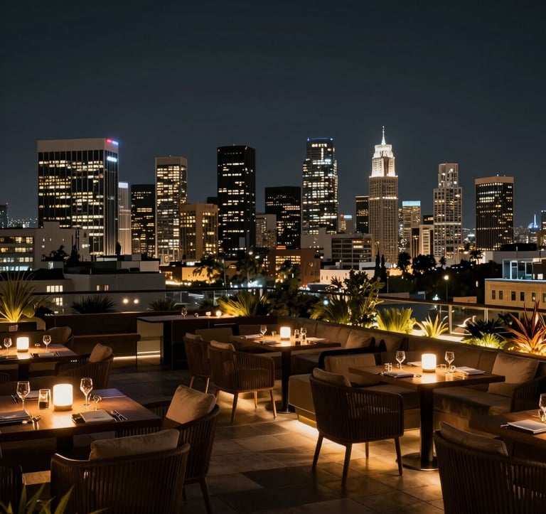 A sophisticated rooftop lounge in West Hollywood, overlooking the city skyline at night with dark navy and golden lighting, upscale decor, atmosphere of high-end hospitality and entertainment, North American / West Hollywood.