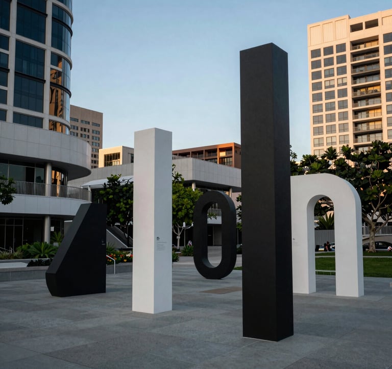 An outdoor contemporary art exhibit in a public West Hollywood park, featuring bold sculptural elements, set against a background of modern urban architecture and soft steel blue sky, North American / West Hollywood.