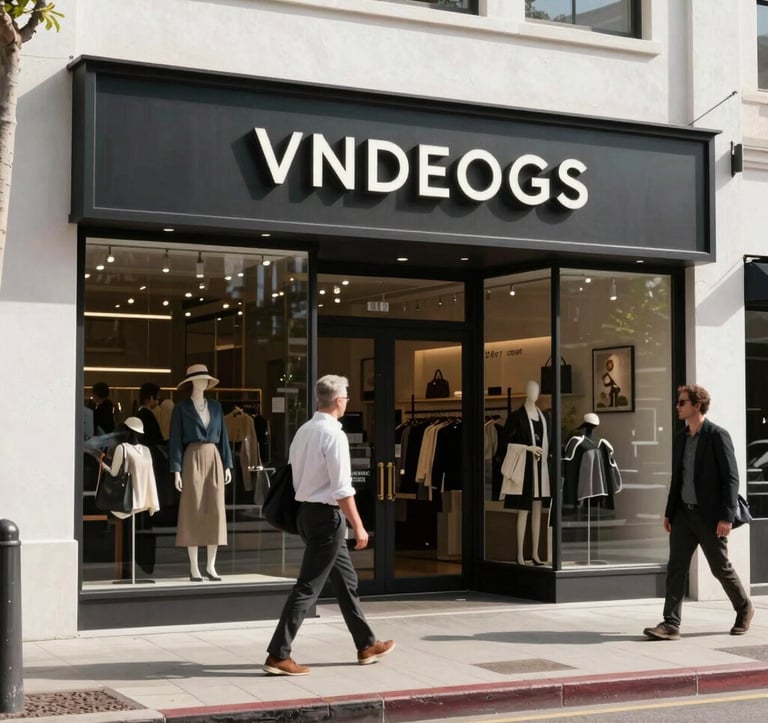Professional street photography of a trendy West Hollywood storefront with modern signage and stylish pedestrians, North American / West Hollywood, bright daylight, high-end commercial aesthetic.