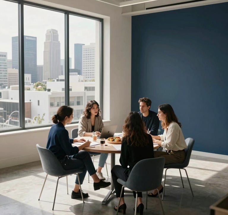 A high-angle lifestyle photograph of a professional collaboration occurring in a modern, sunlit studio. Large windows reveal the West Hollywood skyline. The interior is decorated in sophisticated shades of navy and off-white. North American / West Hollywood.