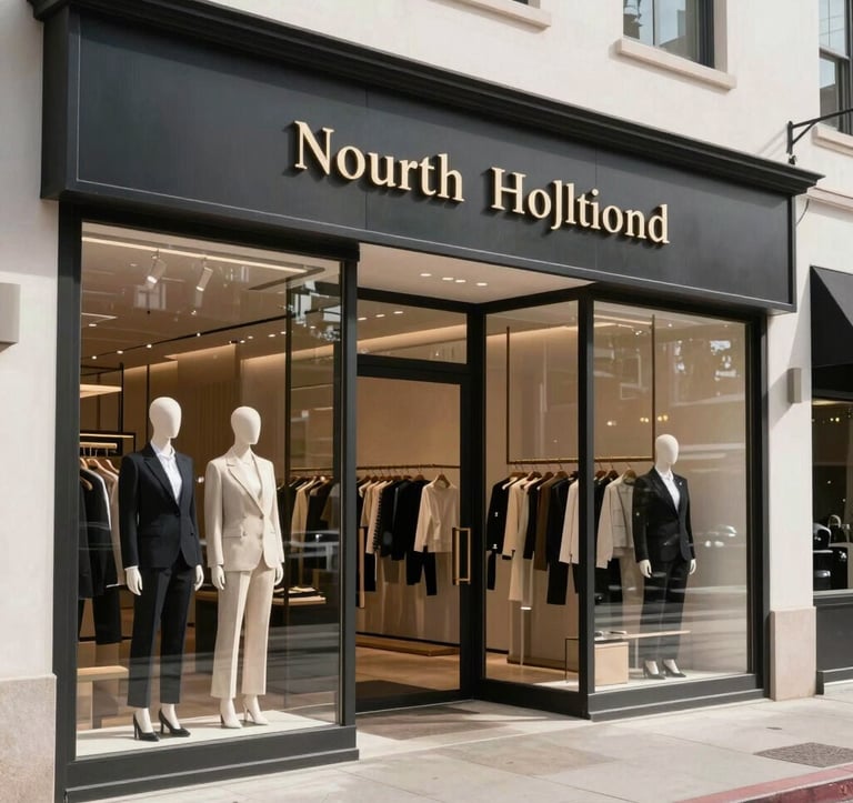A sophisticated lifestyle shot of a high-end retail street in West Hollywood, featuring clean modern storefronts and professional attire, natural daylight, North American / West Hollywood.