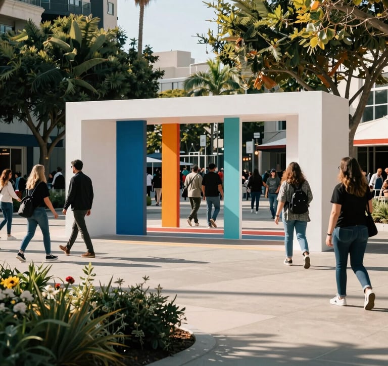 A vibrant outdoor public art installation with clean lines and modern design, people walking by in a stylish urban park, North American / West Hollywood.