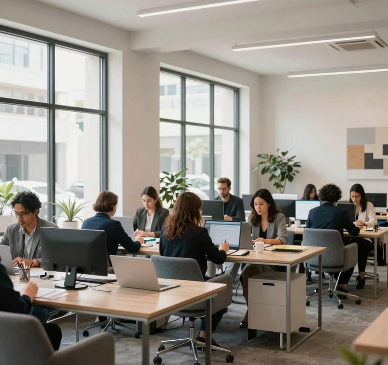 Clean, bright interior of a creative coworking space in West Hollywood with large windows, professional people working together, modern furniture in light gray and steel blue tones, sophisticated and energetic, North American / West Hollywood.