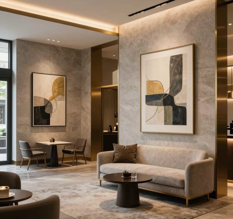 Sleek, modern interior of a West Hollywood boutique hotel lobby, featuring contemporary art and minimalist furniture, North American / West Hollywood, warm ambient lighting with gold accents and light gray stone textures.