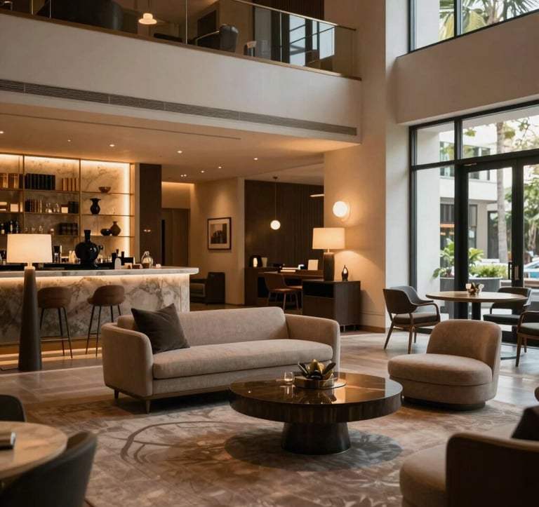 A luxury boutique hotel lobby in West Hollywood with modern mid-century furniture, warm accent lighting, and a sophisticated atmosphere, North American / West Hollywood.