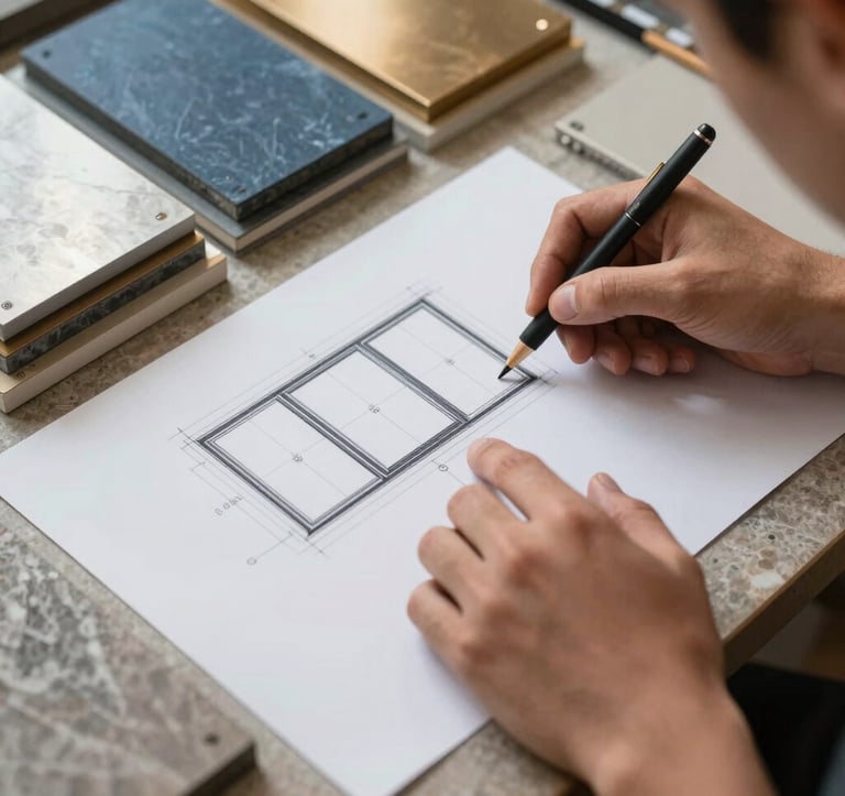 An architect's studio in Brazil. Hands are pointing at a technical drawing of a complex window system next to samples of Slate Blue and Tan Metal aluminum finishes. The scene conveys high-end technical expertise and luxury customization.