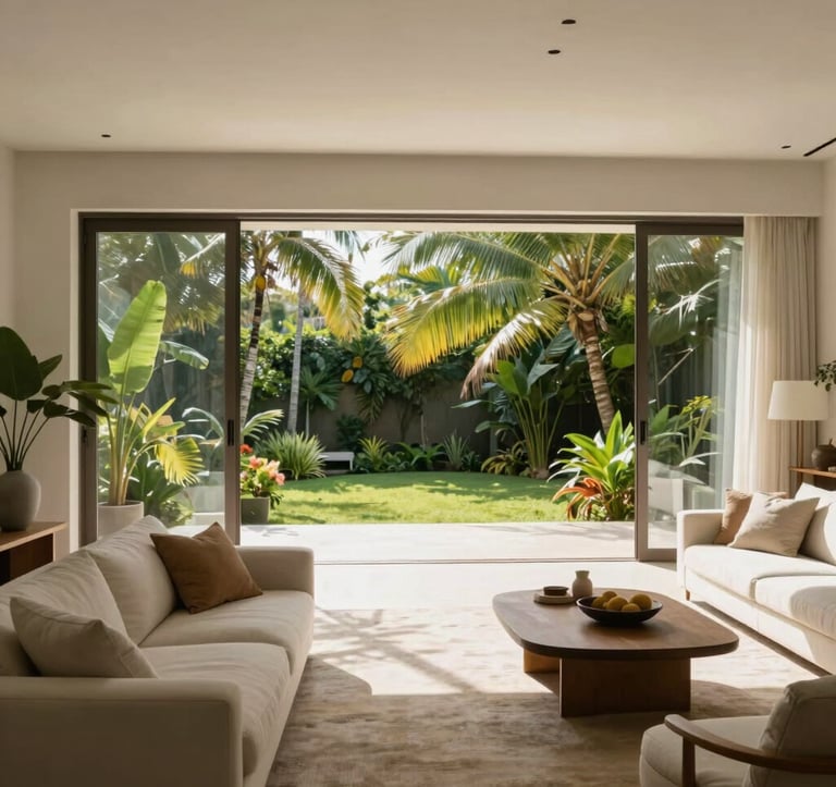 A sophisticated Brazilian living room with wide-span sliding glass doors that completely disappear into the walls. The view shows a lush tropical garden. The interior features minimalist furniture in Off-white and Sand tones, bathed in natural morning light.
