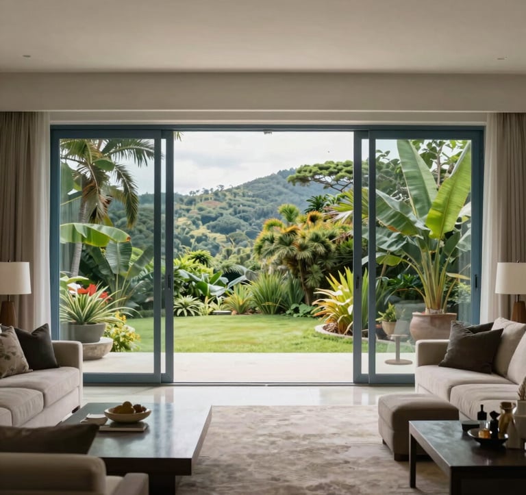A wide shot of a contemporary living room in a South American / Brazilian home, where massive floor-to-ceiling glass doors open to a lush garden. The blue-gray frames are slim and elegant, framing the landscape like a piece of art. High-end modern furniture completes the luxury scene.