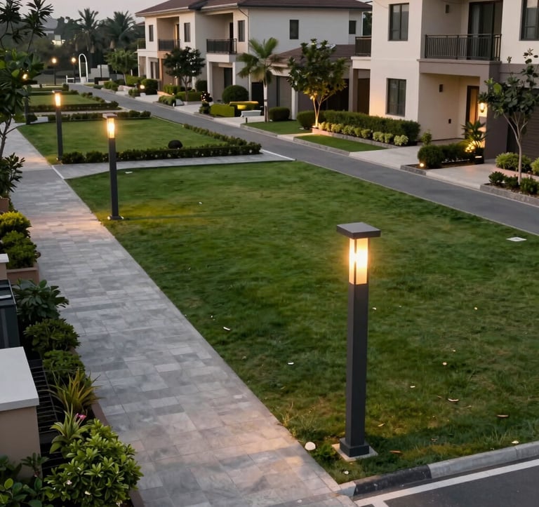 A clean, sharp architectural photograph showing a demarcated residential plot in a gated township, featuring manicured grass, paved sidewalks, and elegant modern street lighting in a South Asian / Indian setting.