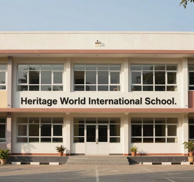 A professional architectural photo of a contemporary South Asian / Indian school campus with large windows and a clean, safe environment, representing Heritage World International School.