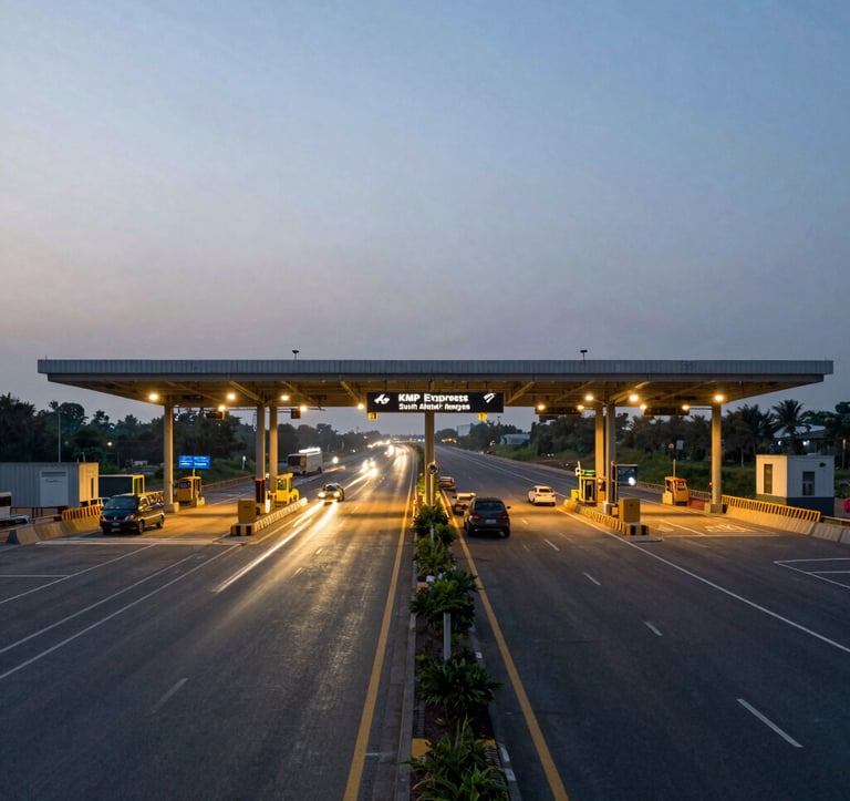 A high-exposure photograph of the KMP Expressway toll area at dusk, showing light trails and modern infrastructure in the South Asian / Indian countryside, reflecting growth and connectivity.