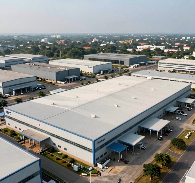 A sleek, modern aerial view of the IMT Kharkhoda industrial area featuring clean-lined manufacturing plants, South Asian / Indian environment, under a bright, professional daylight sky.