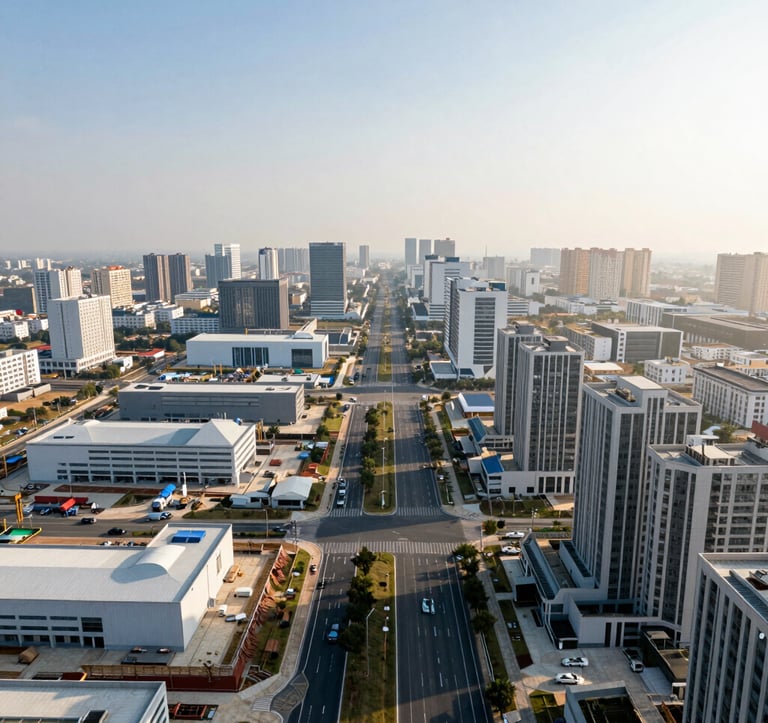 A professional wide-angle landscape photograph of a developing modern industrial and residential corridor in South Asian / Indian region, showcasing infrastructure progress and clean urban planning under a bright morning sun.