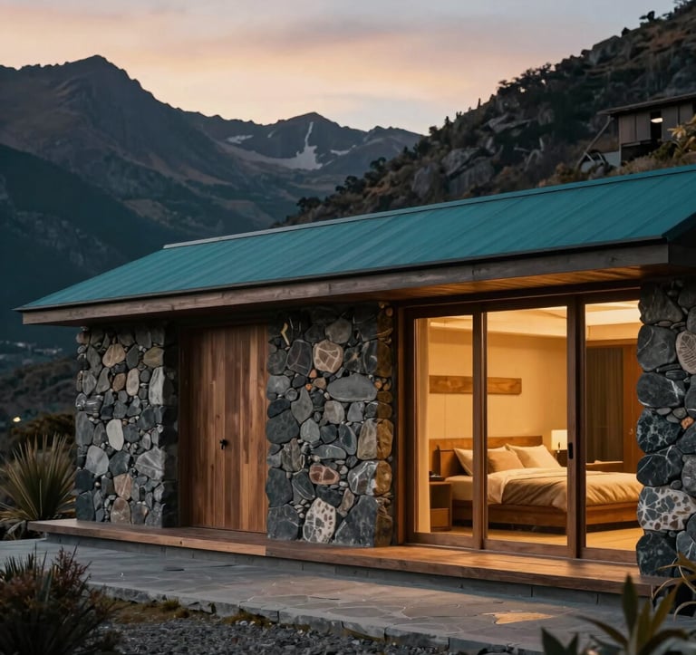 A close-up of a high-end adventure basecamp in a remote mountain region of South America. Minimalist, sophisticated architectural details using local stone and wood. Latin American / Iberian luxury design. Soft sunset lighting. Colors: Deep teal and gold.