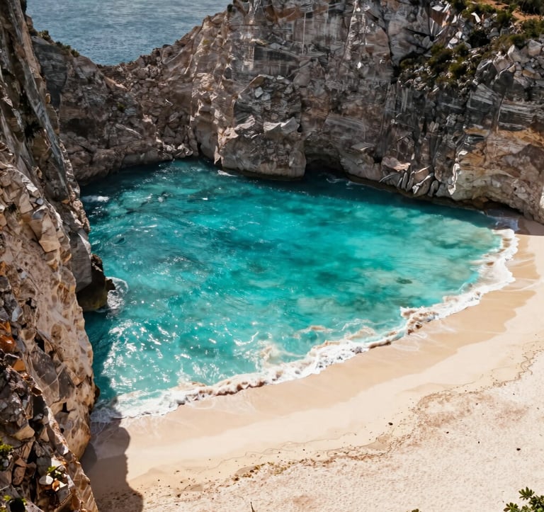Aerial photography of a pristine, hidden cove with white sand and clear turquoise water in a Latin American coastal region. Rugged cliffs frame the beach. Noon sun, vibrant teal water and gold sunlight.