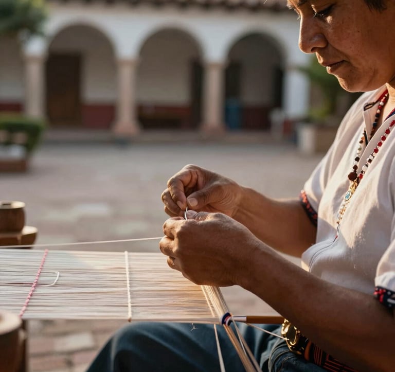 Close-up photography of a private cultural experience in a Latin American courtyard. A local artisan is demonstrating traditional weaving with fine silk threads. The lighting is soft golden hour, highlighting the texture of the materials and the elegant, sophisticated setting.