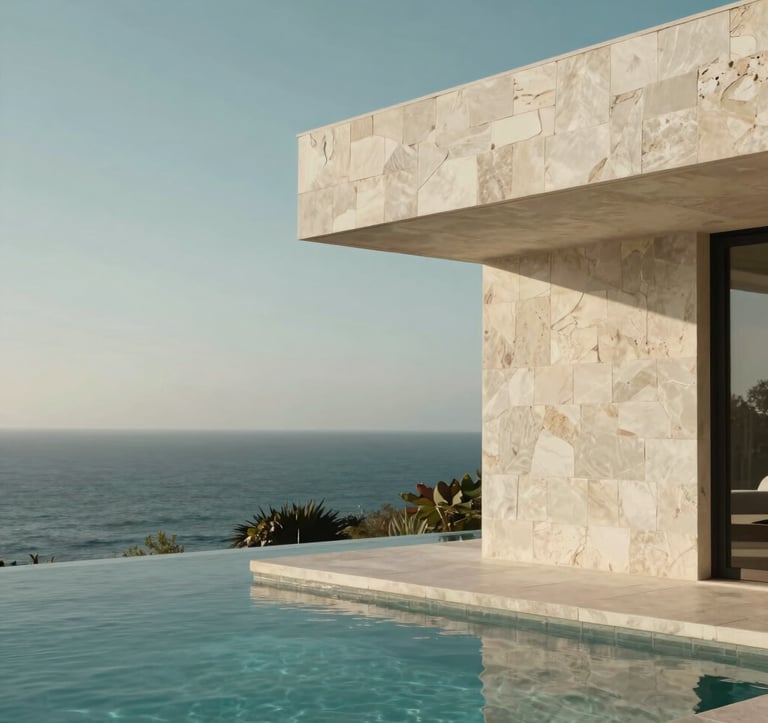 A minimalist architectural detail of a luxury stone villa in a Latin American coastal region. The frame includes a glimpse of an infinity pool reflecting the soft morning light. Palette of muted teal and off-white.