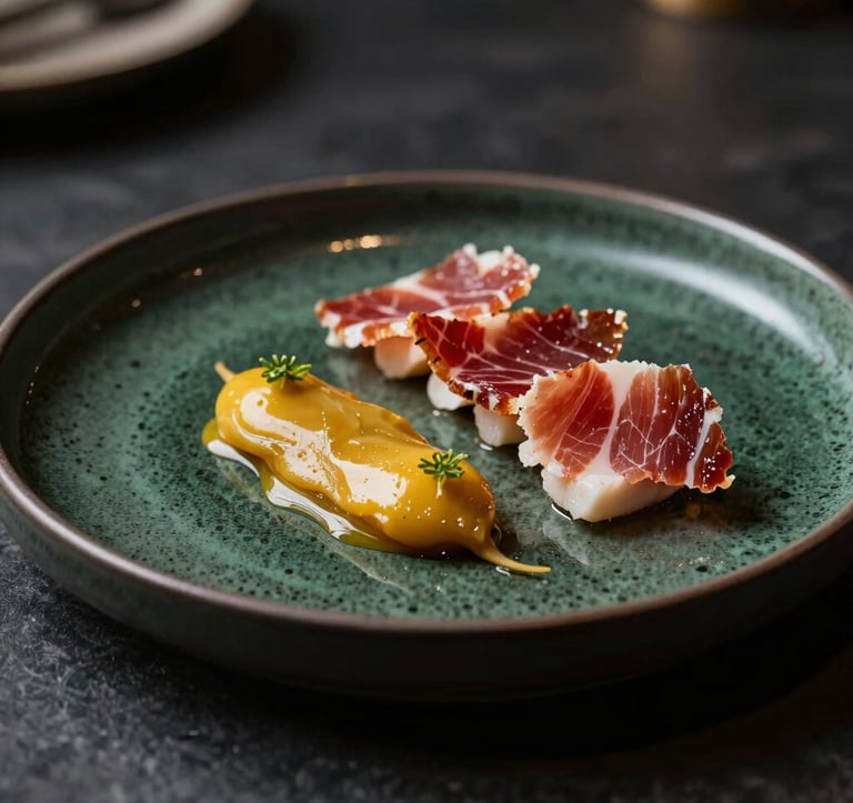 Exquisite gourmet dish featuring local Iberian ingredients, artistically presented on a dark ceramic plate. The setting is a dimly lit, high-end restaurant with a focus on sophisticated textures and deep colors like gold and dark green.