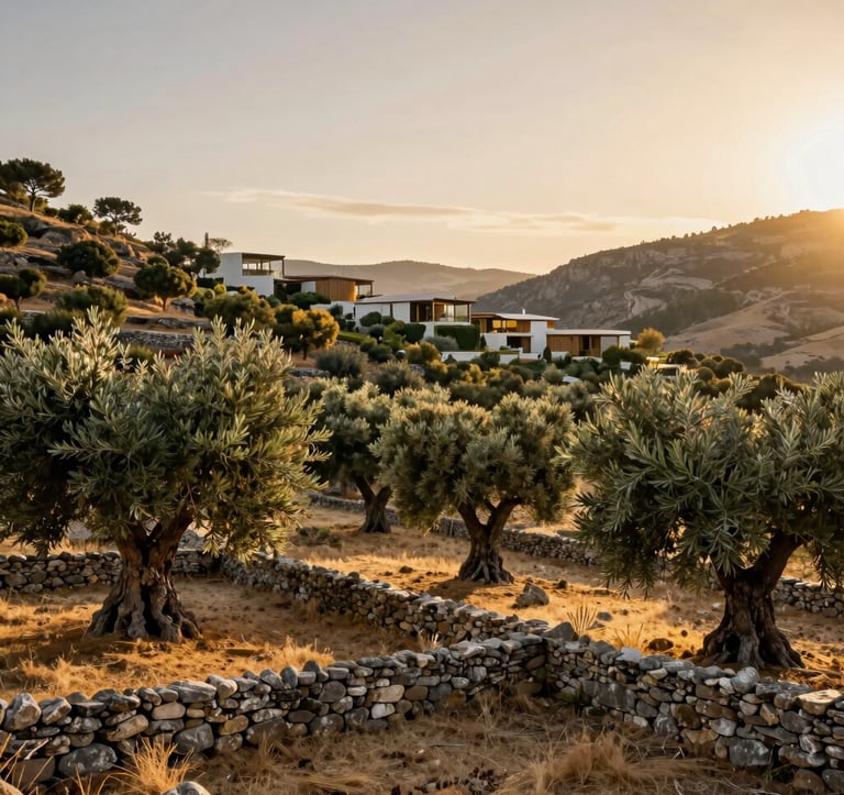 A serene landscape photography showing a hidden valley in the Iberian peninsula. Ancient olive trees, dry stone walls, and a contemporary luxury retreat in the background. Sunset lighting casting golden hues. Colors: Gold and soft green.