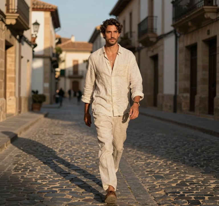 A sophisticated person walking through a historic cobblestone street in an ancient Iberian town, dressed in light linen. Evening lighting with long shadows and a golden glow.