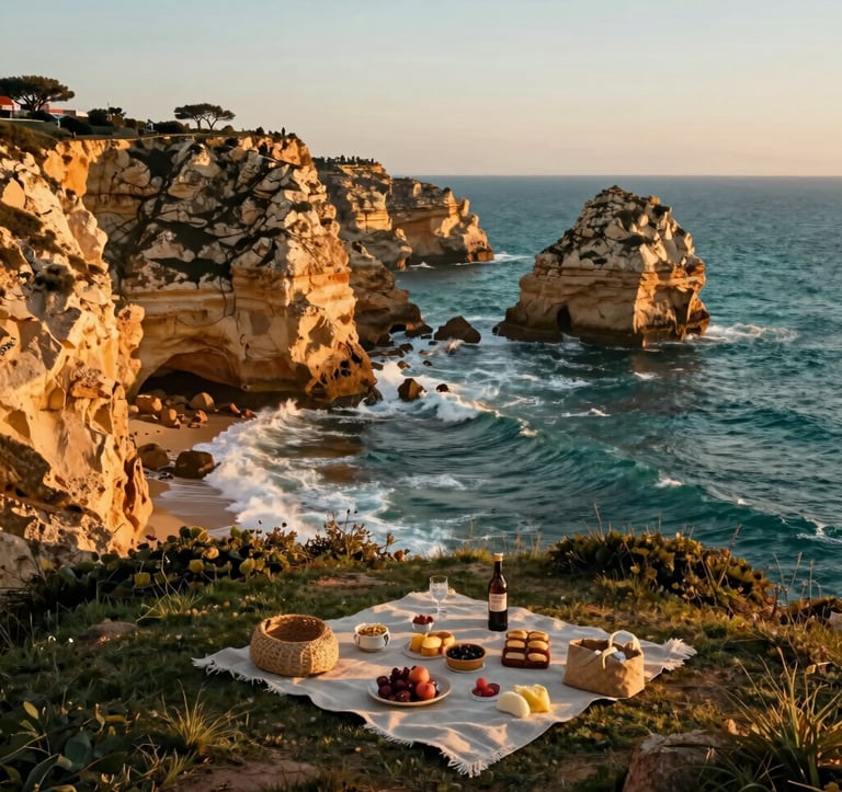 A dramatic landscape of the Alentejo coast in Portugal. Towering cliffs meeting a powerful Atlantic ocean. A luxury picnic setup for two with local products on a grassy plateau overlooking the sea. Golden hour lighting. Latin American / Iberian atmosphere. Colors: Gold and deep teal.