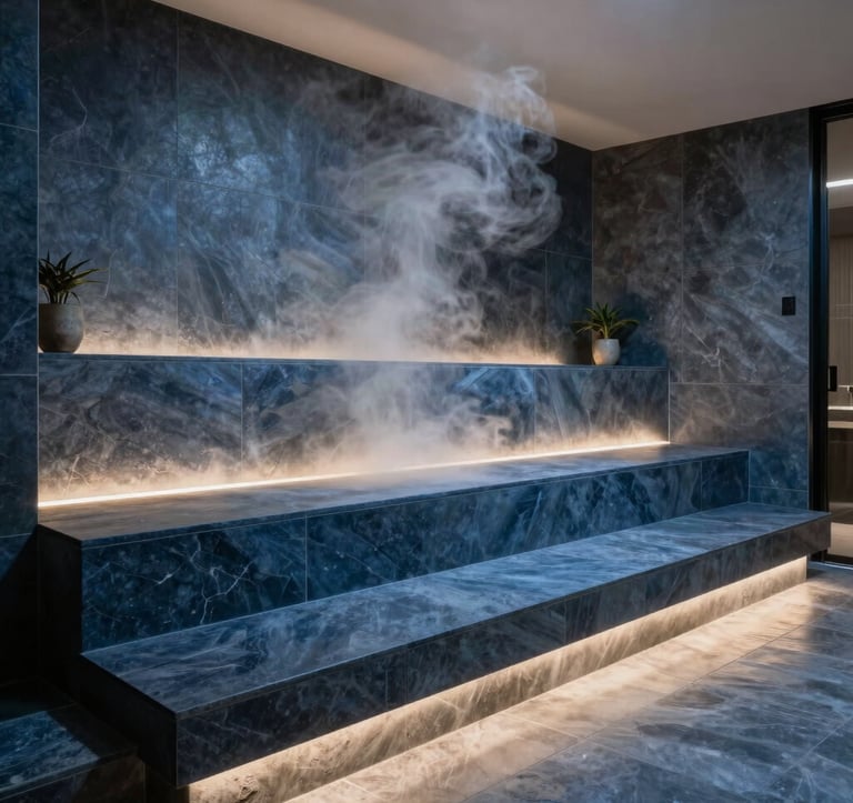 A wide interior shot of a bespoke private steam room with tiered seating made of dark steel blue stone. Soft ambient lighting glows from beneath the benches, illuminating the vapor-filled air. The architecture is sharp and modern, representing high-end North American interior design for wellness.