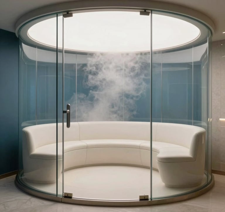 An interior photograph of a high-end commercial spa in the US. A modern glass-enclosed steam room with integrated architectural seating. Muted blue and off white color palette. Soft light filtering through the thick white mist.