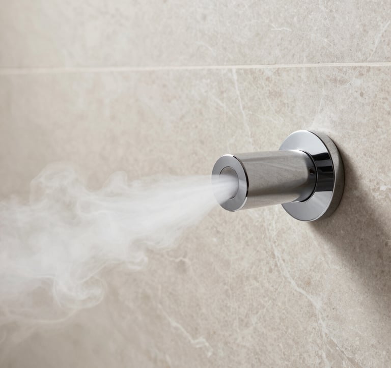 Close-up detail of a minimalist steam nozzle mounted on a light taupe marble wall. Pure white steam is gently emitting from the circular chrome head. Clean, bright, and sophisticated architectural detail within a US luxury bathroom.